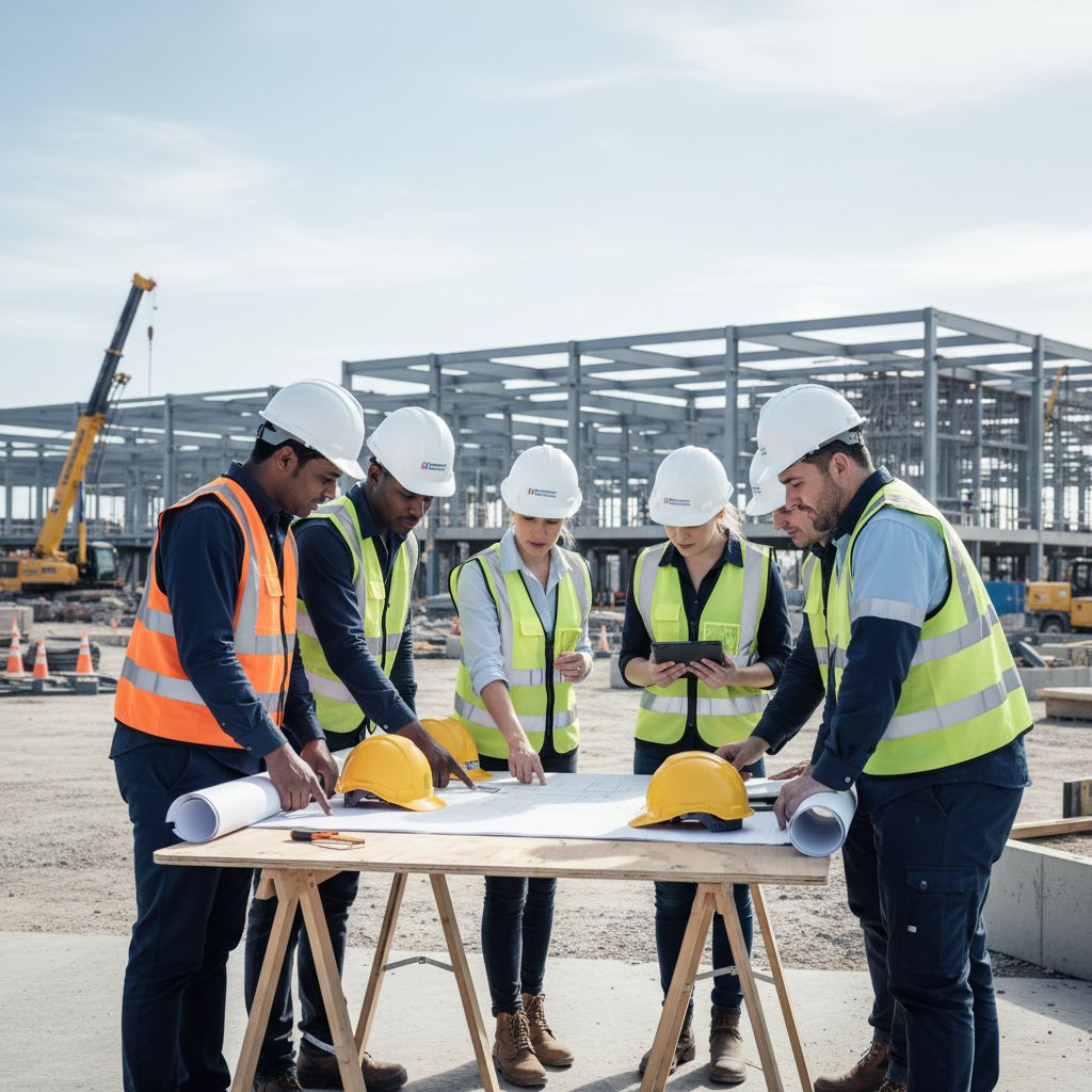 Subcontractor team reviewing blueprints on site